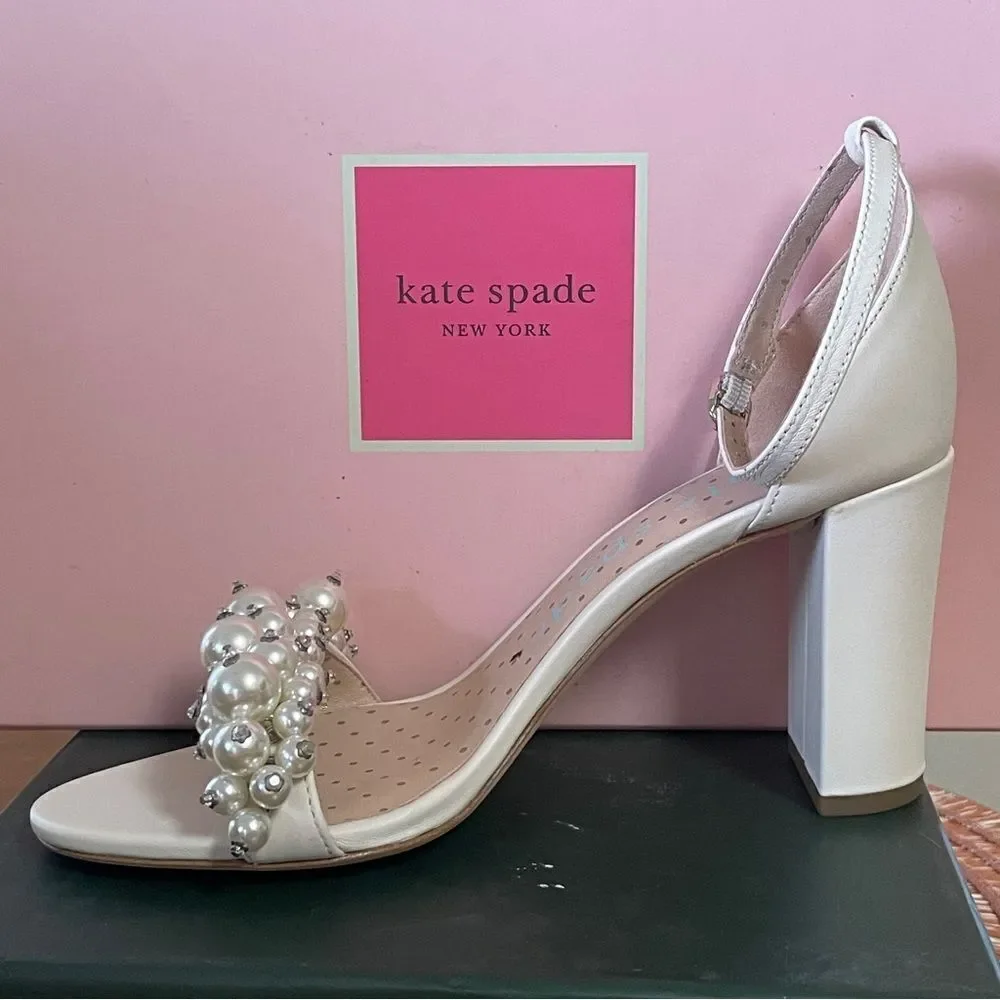 NIB Kate Spade Rosa Pearly Stud Ankle-strap Block Heels Ivory Parchment Size 6.5